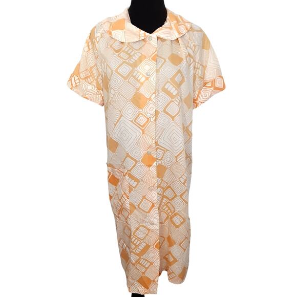 Vintage 70s Art Deco Snap Front Nightgown House Dress Orange Cream MuMu Nightie - Picture 1 of 11